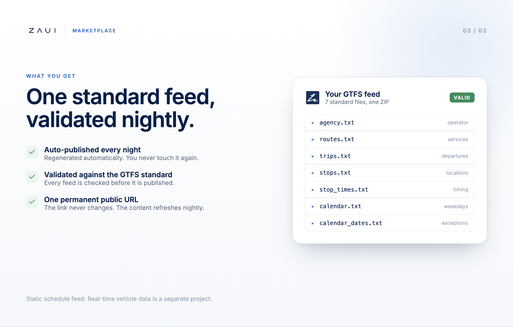 Validated GTFS feed generated nightly by Zaui, including all required GTFS schedule files.